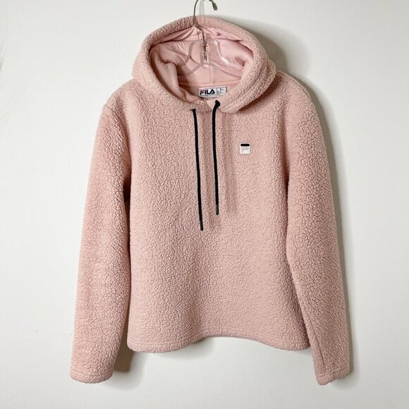 Fila Women's Josephine Sherpa Crop Hoodie S Fleece Pink Long Sleeve Sweatshirt - Picture 2 of 7